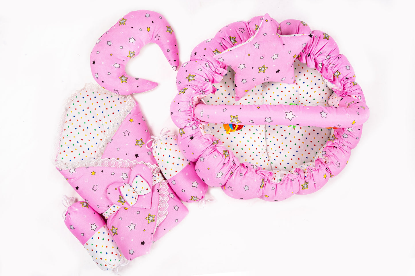 10 Pcs Round Flower Baby Bedding Set - Star - Pink