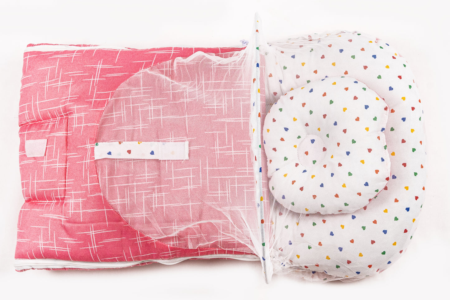 2pcs Baby Bedding Set with Mosquito Net – Pink with colorful hearts & stripes