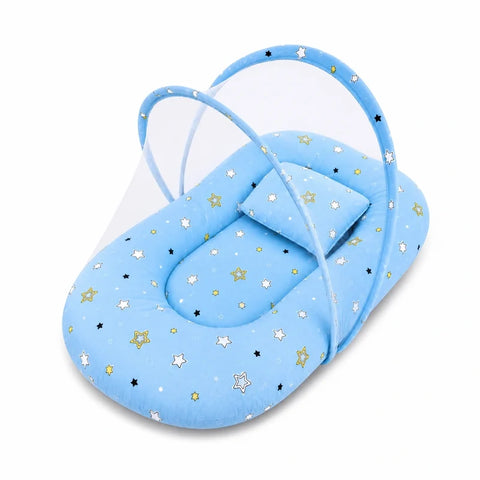 Baby mosquito net bed with matching pillow in sky blue star print