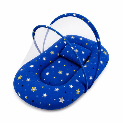 Baby mosquito net bed with matching pillow in dark blue star print