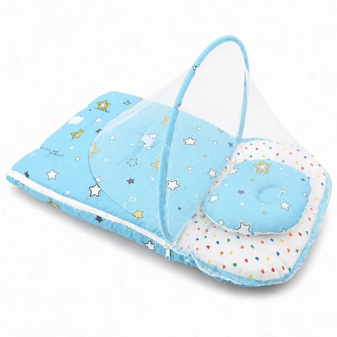 Zip up mosquito mesh net on sky blue star print baby carry nest