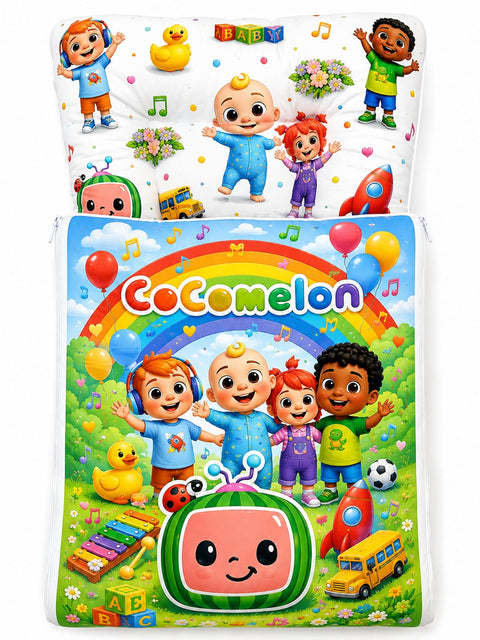 Soft cushioned baby carry nest laid flat unzipped in vibrant cocomelon cartoon print