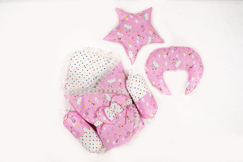10 Piece Baby Snuggle Bed Set with Net & Toys - Pink Cloud