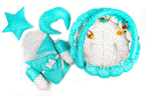 10 Piece Baby Snuggle Bed Set with Net & Toys - Green Dots