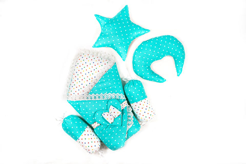 10 Piece Baby Snuggle Bed Set with Net & Toys - Green Dots