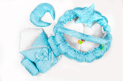 10 Pcs Round Flower Baby Bedding Set - Blue