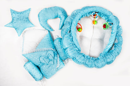 10 Pcs Round Flower Baby Bedding Set - Blue