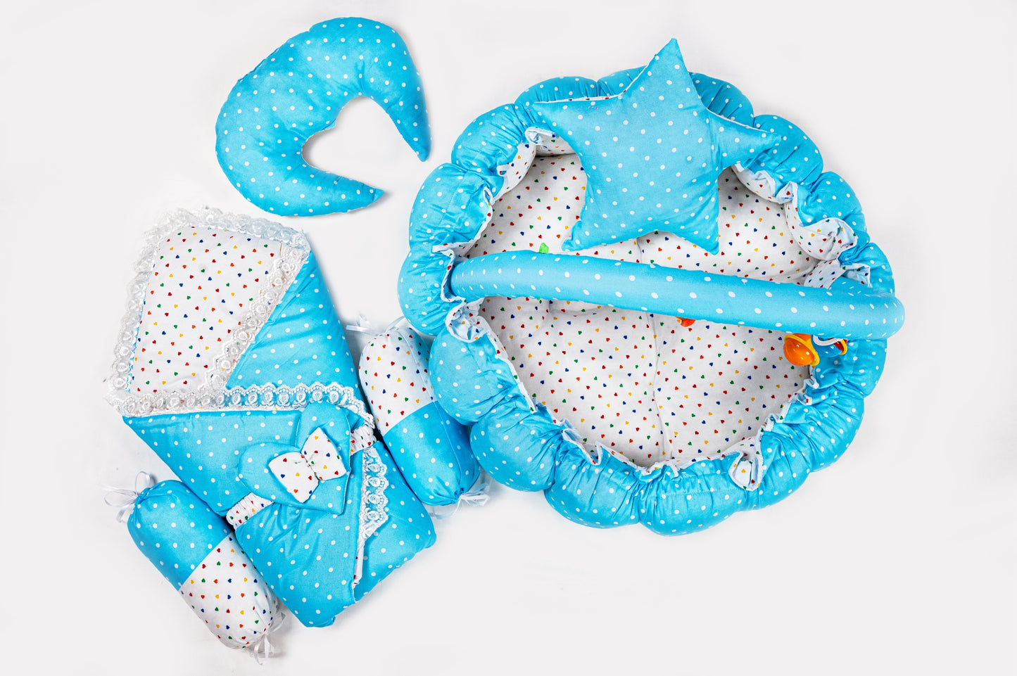 10 Pcs Round Flower Baby Bedding Set - Polka Dot - Blue