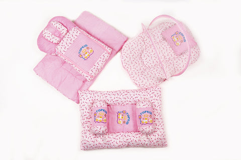 8 piece Topkid embroidered pink baby bedding set with mattress sleeping bag mosquito net bed and pillows