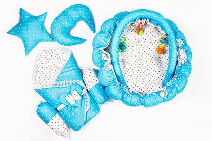 10 Pcs Round Flower Baby Bedding Set - Polka Dot - Blue