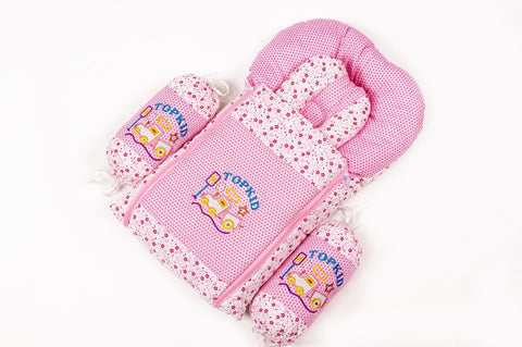 Soft padded pink baby sleeping bag carry nest with Topkid truck embroidery and floral print