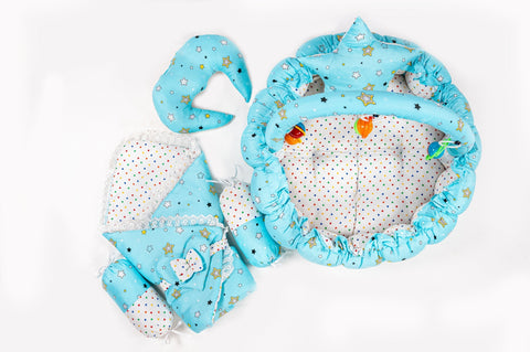 Sky blue star print carry nest moon pillow star pillow bolsters and rattle toys set