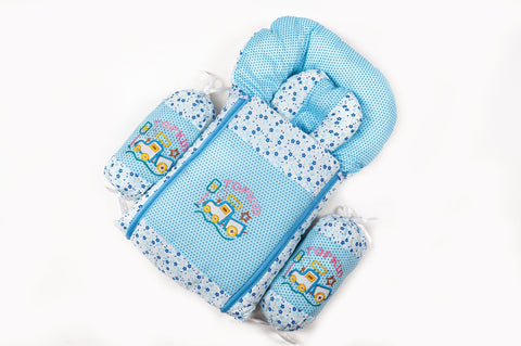 Soft padded blue baby sleeping bag carry nest with Topkid truck embroidery and floral print