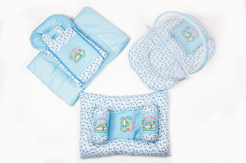 8 piece Topkid embroidered blue baby bedding set with mattress sleeping bag mosquito net bed and pillows
