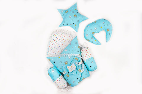 10 Piece Baby Snuggle Bed Set with Net & Toys - Sky Blue Star