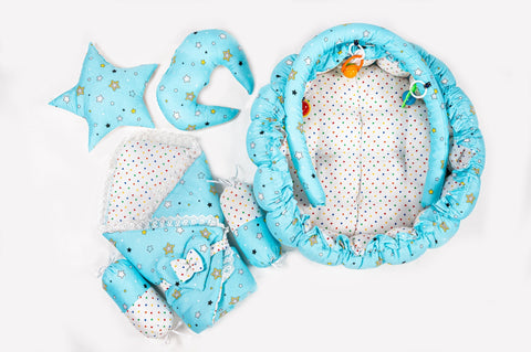 Complete 10 piece baby snuggle bed set with mosquito net in sky blue star print