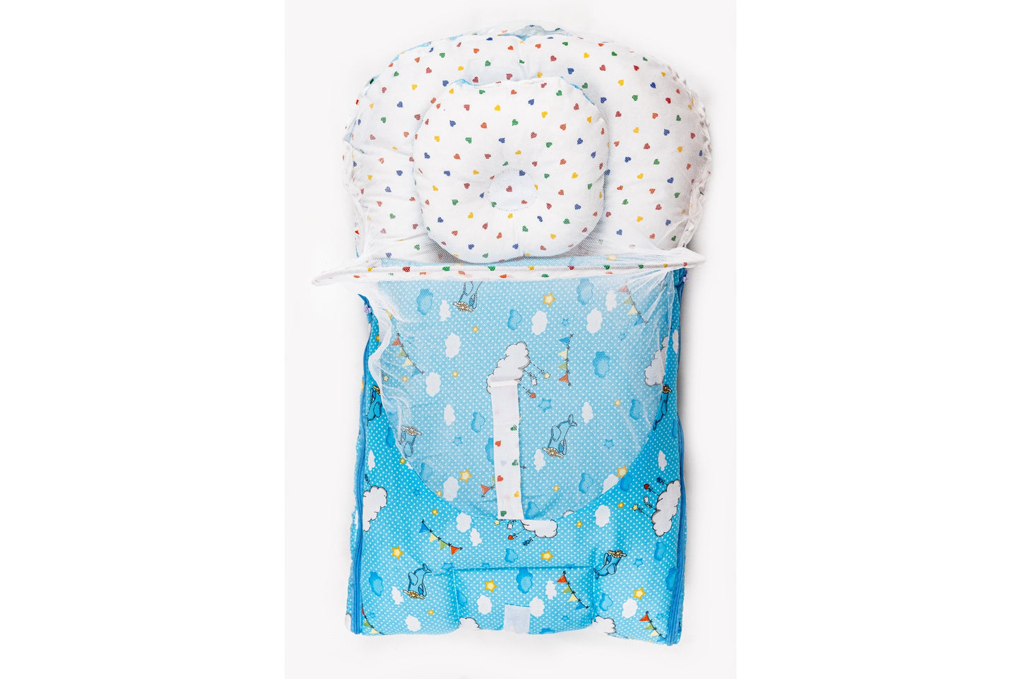 2pcs Baby Bedding Set with Mosquito Net – Bright Blue with colorful hearts & Cloud print