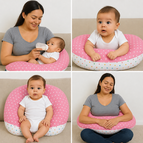 Baby girl resting on pink polka dot print pillow during tummy time