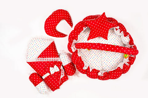 Complete 10 piece baby snuggle bed set with mosquito net in red polka dot print