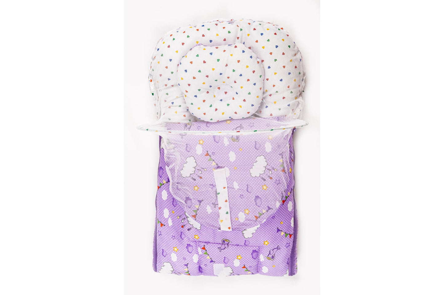 2pcs Baby Bedding Set with Mosquito Net – Light Purple with colorful hearts & Cloud print