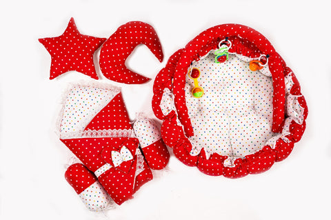 Red polka dot print carry nest moon pillow star pillow bolsters and rattle toys set