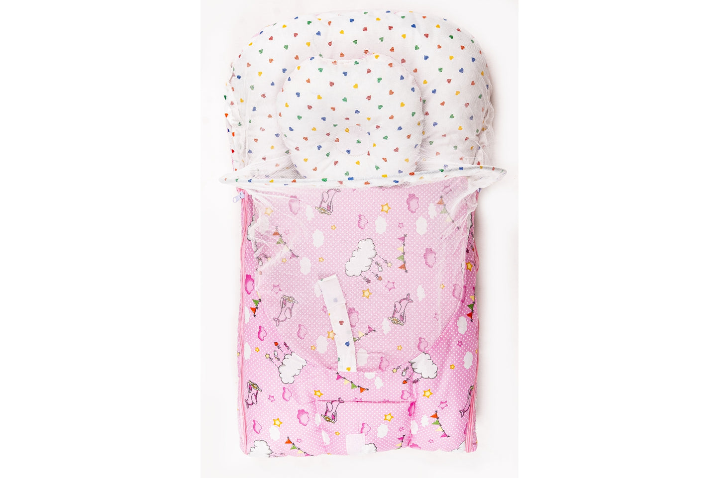 2pcs Baby Bedding Set with Mosquito Net – Light Pink with colorful hearts & Cloud print