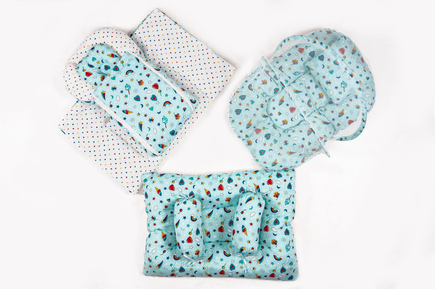 8-Piece Baby Bedding Set – Colorful Rainbow Print - Pastel Blue