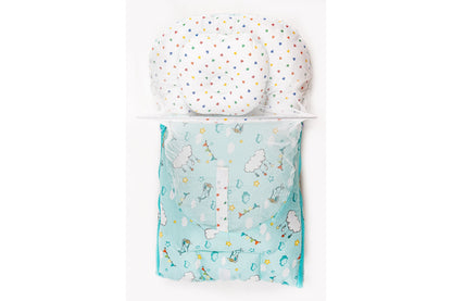 2pcs Baby Bedding Set with Mosquito Net – Pastel green with colorful hearts & Cloud print