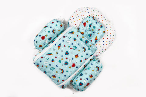 8-Piece Baby Bedding Set – Colorful Rainbow Print - Pastel Blue