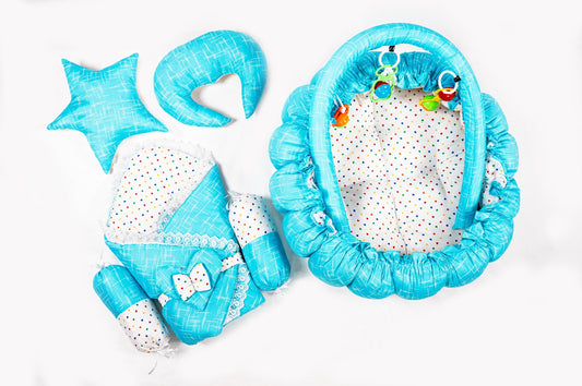 10 Pcs Round Flower Baby Bedding Set - Self - Sky Blue