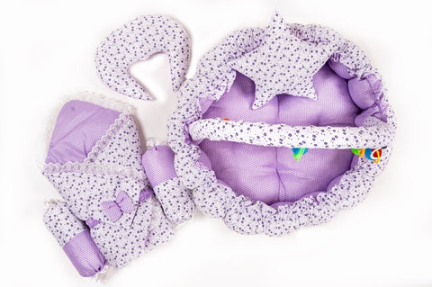 Purple flower print carry nest moon pillow star pillow bolsters and rattle toys set