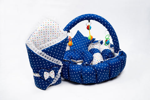 Dark blue polka dot print carry nest moon pillow star pillow bolsters and rattle toys set