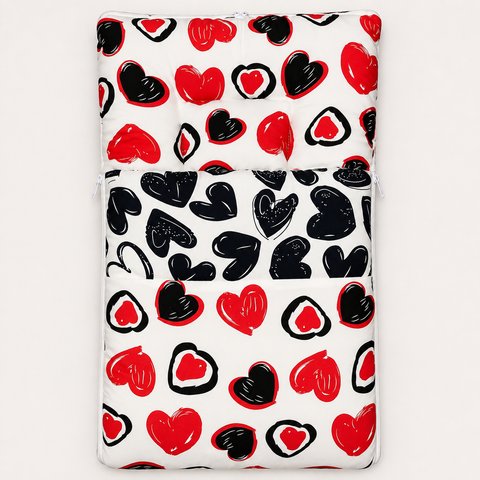 Baby carry nest sleeping bag zipped hood in red white and black heart print
