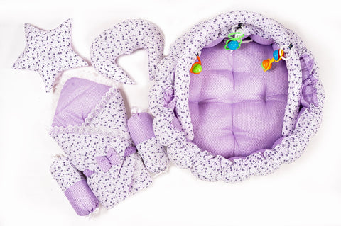 Complete 10 piece baby snuggle bed set with mosquito net in purple flower print