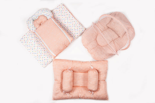 8-Piece Baby Bedding Set – Polka dots with stripes - Peach