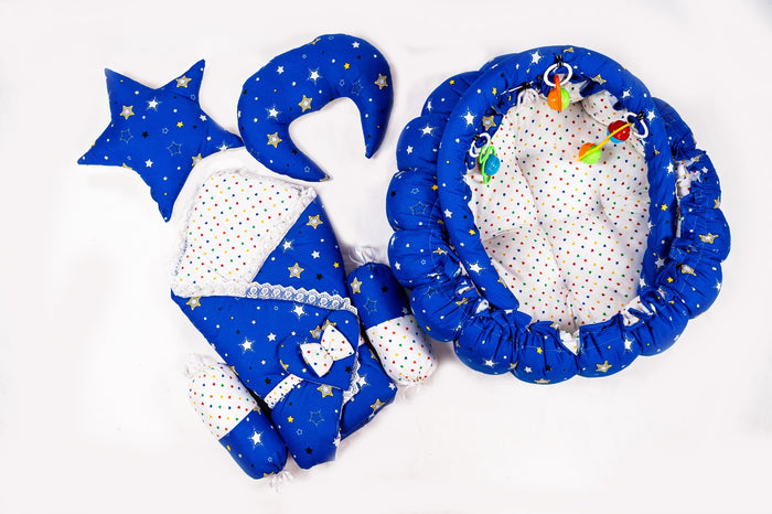Complete 10 piece baby snuggle bed set with mosquito net in dark blue star print