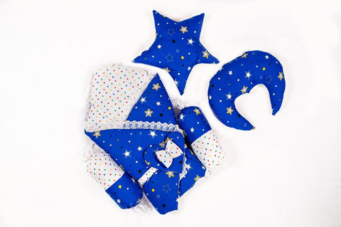 10 Piece Baby Snuggle Bed Set with Net & Toys - Dark Blue Star