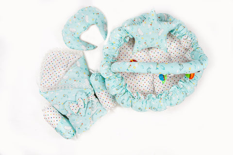 Complete 10 piece baby snuggle bed set with mosquito net in green cloud print