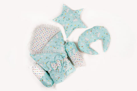 10 Piece Baby Snuggle Bed Set with Net & Toys - Green Cloud