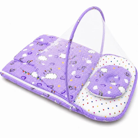 Zip up mosquito mesh net on purple cloud print baby carry nest
