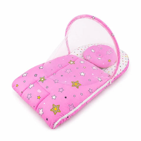 2 in 1 baby carry nest with mosquito net in pink star print