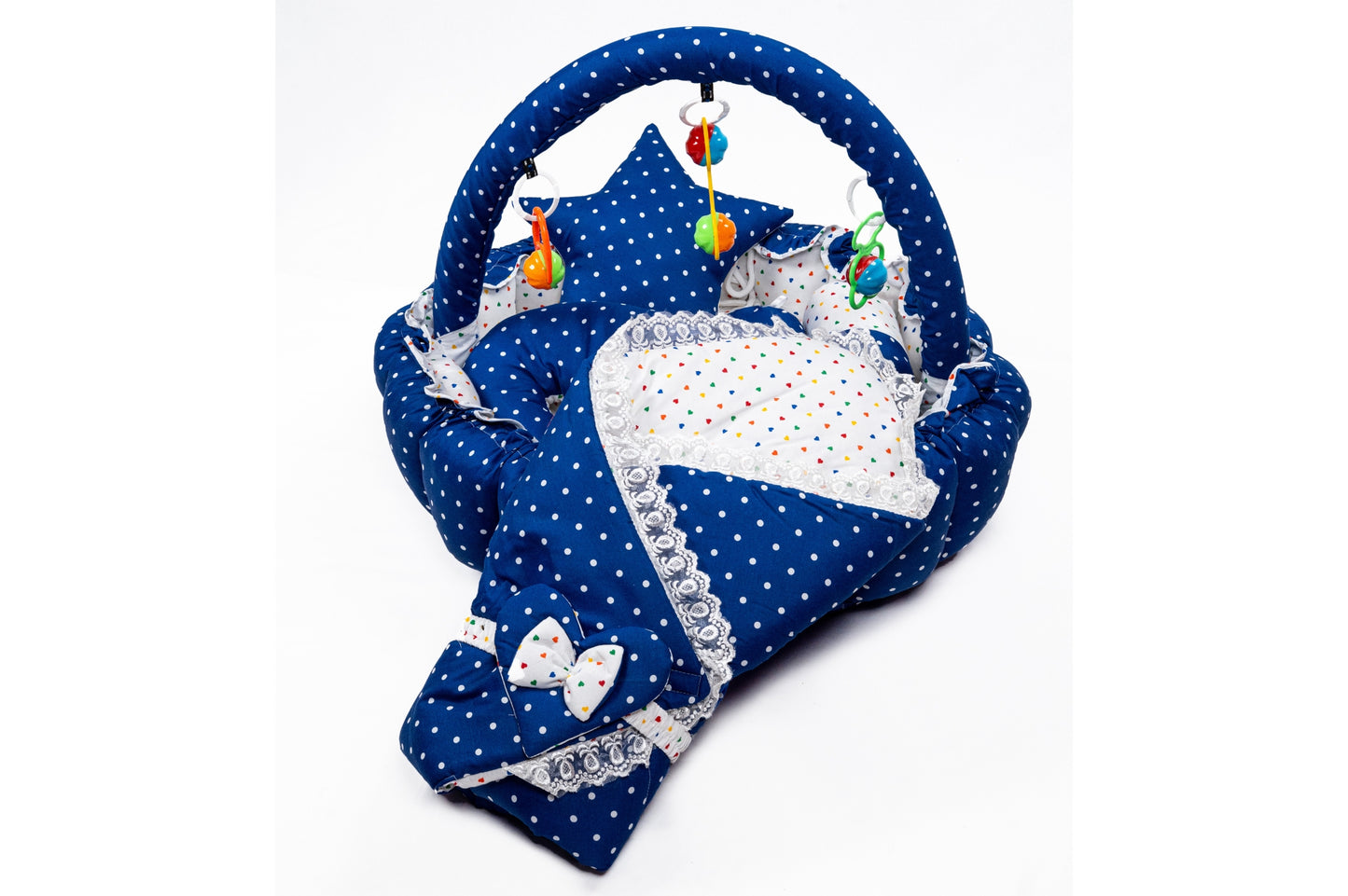 10 Pcs Round Flower Baby Bedding Set - Polka Dot - Navy Blue