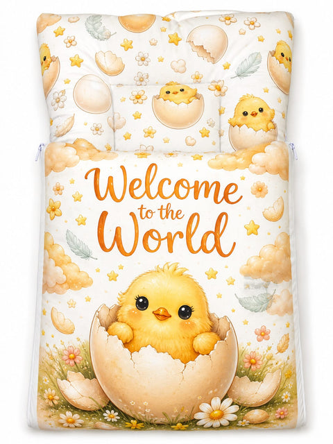 Soft cushioned baby carry nest laid flat unzipped in welcome to the world hatching chick print