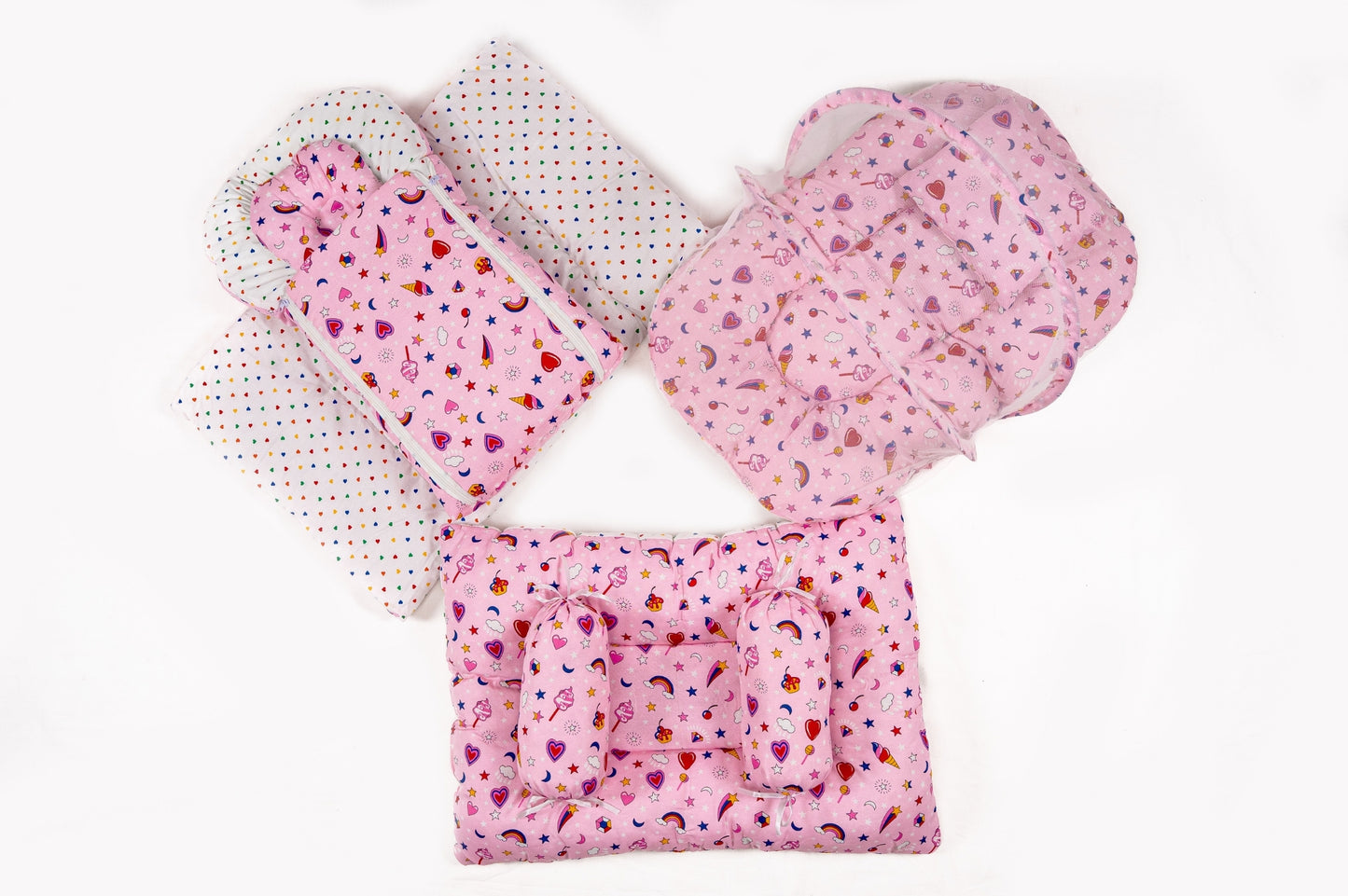 8-Piece Baby Bedding Set – Colorful Rainbow Print - Pastel Pink