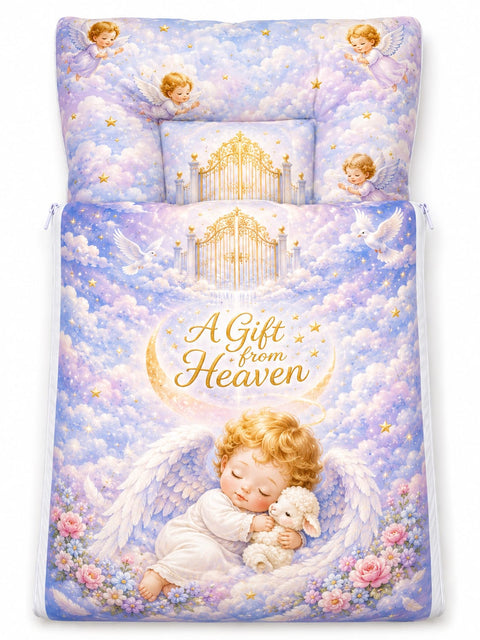 Soft cushioned baby carry nest laid flat unzipped in gift from heaven angel and cloud print