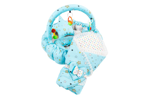 10 Piece Baby Snuggle Bed Set with Net & Toys - Sky Blue Star
