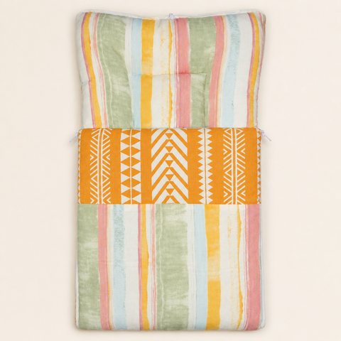 Baby carry nest sleeping bag zipped hood in pastel stripe and mustard tribal print