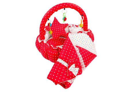 10 Piece Baby Snuggle Bed Set with Net & Toys - Red Dots