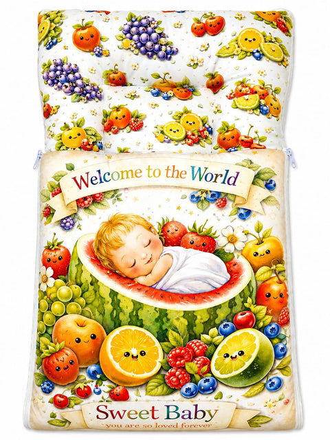 Soft cushioned baby carry nest laid flat unzipped in sweet baby fruit garden print