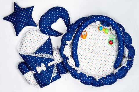 Complete 10 piece baby snuggle bed set with mosquito net in dark blue polka dot print